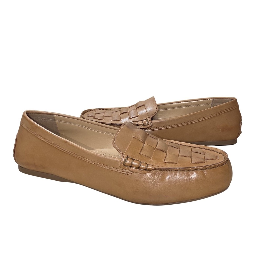 Dune London Loafer Shoes Women 8.5 Tan Brown Leather Woven Comfort Square Toe